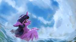 Size: 1920x1080 | Tagged: safe, artist:hierozaki, character:twilight sparkle, character:twilight sparkle (alicorn), species:alicorn, species:pony, female, floppy ears, happy, looking back, mare, ocean, smiling, solo, water