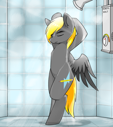 Size: 1808x2036 | Tagged: safe, artist:pencil bolt, oc, oc only, oc:pencil bolt, species:pegasus, species:pony, bathroom, bipedal, eyes closed, light, male, shower, showering, solo, spread wings, stallion, water, wet, wings