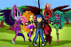 Size: 6000x4000 | Tagged: safe, artist:dieart77, character:adagio dazzle, character:flash sentry, character:gloriosa daisy, character:midnight sparkle, character:sunset satan, character:sunset shimmer, character:twilight sparkle, character:twilight sparkle (scitwi), species:eqg human, ship:flashagio, ship:flashimmer, ship:flashlight, equestria girls:friendship games, equestria girls:legend of everfree, equestria girls:rainbow rocks, equestria girls:sunset's backstage pass, g4, my little pony: equestria girls, my little pony:equestria girls, spoiler:eqg series (season 2), bedroom eyes, boots, clothing, commission, converse, dark aura, dark magic, daytime, demon, demonic eyes, disguise, disguised siren, energy, evil grin, eye, eyes, eyes on the prize, female, fin wings, flash sentry gets all the waifus, floating, flower, flying, forest, gaea everfree, grabbing, grass, grin, group, harem, holding, hoodie, jacket, lidded eyes, lucky bastard, magic, male, midnight sparkle, midnight-ified, pants, pulling, sciflash, sciflashshimmer, sentryosa, shadow, shipping, shocked expression, shoes, sky, smiling, smirk, sneakers, straight, sunset satan, surprised, surrounded, this will end in snu snu, touch, touching arm, transformation, tree, uh oh, wide eyes, wings, xk-class end-of-the-world scenario