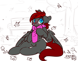 Size: 3818x2979 | Tagged: safe, artist:ruef, oc, oc only, oc:rae, species:pegasus, species:pony, blushing, clothing, colored pupils, cute, floppy ears, leaves, looking at you, male, scarf, solo, spread wings, stallion, wings