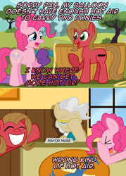 Size: 1148x1602 | Tagged: safe, artist:ladyanidraws, character:mayor mare, character:pinkie pie, oc, oc:pun, species:earth pony, species:pony, ask pun, ask, comic, facehoof, hot air balloon, twinkling balloon