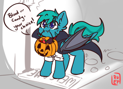 Size: 4171x3000 | Tagged: safe, artist:ruef, oc, oc only, oc:compass rose, species:pony, :3, candy, clothing, costume, cute, fake wings, food, halloween, halloween costume, holiday, jack-o-lantern, male, mouth hold, pumpkin, pumpkin bucket, stallion, trick or treat, vampire