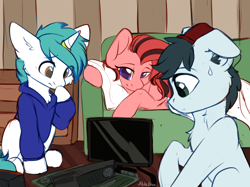 Size: 2732x2048 | Tagged: safe, artist:alphadesu, oc, oc only, oc:safty, oc:scarlett a la creme, oc:snowy blue, species:pony, clothing, computer, confused, couch, hat, horn, horn ring, monitor, motherboard, pillow, ring, sweat, sweatshirt, white fur