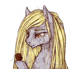 Size: 800x761 | Tagged: safe, artist:madhotaru, character:derpy hooves, species:pegasus, species:pony, alternate hairstyle, bust, female, food, muffin, portrait, simple background, solo, teary eyes, white background