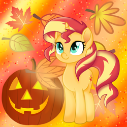 Size: 1000x1000 | Tagged: safe, artist:limedazzle, character:sunset shimmer, species:pony, species:unicorn, autumn, female, leaves, pumpkin, solo