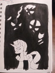 Size: 3120x4160 | Tagged: safe, artist:taurson, character:cozy glow, character:queen chrysalis, character:starlight glimmer, species:pony, species:unicorn, inktober, equal cutie mark, inktober 2019, monochrome, s5 starlight, traditional art