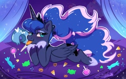 Size: 1900x1200 | Tagged: safe, artist:oofycolorful, character:princess luna, species:alicorn, species:pony, bedroom eyes, blushing, candy, cute, digital art, female, food, halloween, heart, holiday, hoof on chin, lollipop, looking at you, lunabetes, mare, mouth hold, prone, royal sisters, solo, sploot