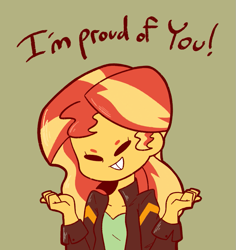 Size: 1031x1090 | Tagged: safe, artist:typhwosion, character:sunset shimmer, my little pony:equestria girls, beanbrows, cute, eyebrows, female, green background, motivational, positive message, positive ponies, shimmerbetes, simple background, smiling, solo