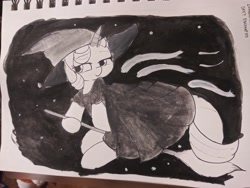 Size: 4160x3120 | Tagged: safe, artist:taurson, character:starlight glimmer, species:pony, species:unicorn, inktober, broom, clothing, dress, female, flying, flying broomstick, halloween, hat, holiday, inktober 2019, monochrome, solo, traditional art, witch, witch hat