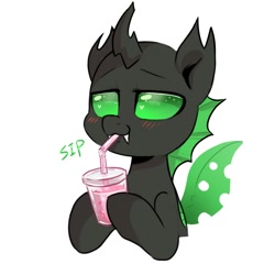 Size: 1000x1000 | Tagged: no source, safe, artist:oofycolorful, oc, oc:firefly nightglow, species:changeling, blushing, green changeling, love juice, quadrupedal, simple background, sipping, solo, white background