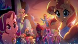 Size: 4444x2500 | Tagged: safe, artist:light262, character:applejack, character:discord, character:fizzlepop berrytwist, character:fluttershy, character:pinkie pie, character:rainbow dash, character:rarity, character:spike, character:starlight glimmer, character:sunset shimmer, character:tempest shadow, character:trixie, character:twilight sparkle, character:twilight sparkle (alicorn), species:alicorn, species:draconequus, species:dragon, species:earth pony, species:pegasus, species:pony, species:unicorn, armor, broken horn, cheek fluff, cutie mark, digital art, ear piercing, end of ponies, eye scar, female, flying, glowing horn, happy birthday mlp:fim, hoof shoes, horn, looking at you, male, mane seven, mane six, mare, memorable, mlp fim's ninth anniversary, one eye closed, outstretched hoof, peytral, piercing, scar, smiling, sunset, winged spike, wink