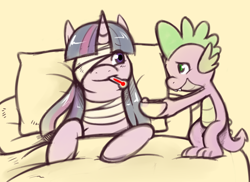 Size: 742x539 | Tagged: safe, artist:redintravenous, character:spike, character:twilight sparkle, species:dragon, species:pony, species:unicorn, bandage, bed, bowl, duo, female, food, male, mare, on back, pillow, smiling, soup, thermometer