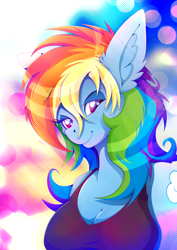 Size: 1358x1920 | Tagged: safe, artist:rariedash, character:rainbow dash, species:anthro, breasts, busty rainbow dash, cleavage, clothing, digital art, female, smiling, solo