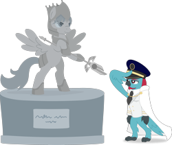 Size: 4000x3375 | Tagged: safe, artist:limedazzle, oc, oc only, oc:azure glide, oc:iron wingheart, parent:captain celaeno, parent:oc:azure glide, parents:canon x oc, species:bird, species:pegasus, species:pony, armor, bipedal, cape, clothing, commission, context in description, facial hair, goatee, hybrid, implied death, interspecies offspring, jewelry, military uniform, necktie, officer's cap, offspring, parents:azurlaeno, rearing, regalia, salute, simple background, statue, teary eyes, transparent background, vector, wing salute