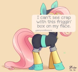 Size: 500x461 | Tagged: safe, artist:solar-slash, character:fluttershy, species:pegasus, species:pony, bunny ears, clothing, dangerous mission outfit, female, goggles, hoodie, mare, parody, pony confession, solo