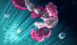 Size: 5600x3300 | Tagged: safe, artist:template93, character:pinkamena diane pie, character:pinkie pie, species:pony, absurd resolution, balloon, bubble, comforting, crying, floating, light, ocean, smiling, underwater