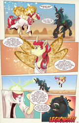 Size: 1253x1950 | Tagged: safe, artist:saturdaymorningproj, character:queen chrysalis, oc, oc:himecchi shinku, species:changeling, species:pony, species:unicorn, comic:i await a guardian, changeling queen, comic, curved horn, female, glimmer wings, horn, sharp teeth, teeth, wings