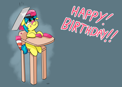 Size: 3313x2362 | Tagged: safe, artist:taurson, oc, oc:runaway train, species:pony, accident, birthday candles, blue background, cake, crying, dropped cake, floating text, foal, food, happy birthday, highchair, ruined cake, simple background, solo