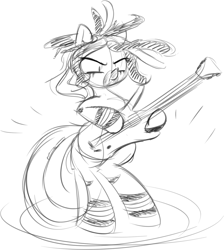 Size: 1343x1496 | Tagged: source needed, safe, artist:taurson, oc, oc:silver needle, species:pony, dreadlocks, electric guitar, guitar, hair beads, headbang, musical instrument, sketch, solo