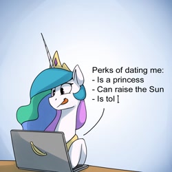 Size: 1200x1200 | Tagged: safe, artist:anticular, character:princess celestia, species:alicorn, species:pony, banana, bananalestia, computer, cute, cutelestia, dating, female, food, mare, solo, tol, tongue out