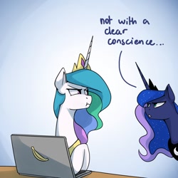 Size: 1200x1200 | Tagged: safe, artist:anticular, character:princess celestia, character:princess luna, species:alicorn, species:pony, :t, angry, banana, bananalestia, burn, computer, dialogue, duo, female, food, jewelry, looking at each other, mare, open mouth, peytral, regalia, royal sisters, savage, scrunchy face, unamused