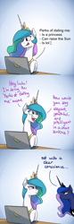 Size: 1200x3600 | Tagged: safe, artist:anticular, character:princess celestia, character:princess luna, species:alicorn, species:pony, ask sunshine and moonbeams, :t, annoyed, banana, bananalestia, burn, celestia is not amused, comic, computer, concentrating, dating, duo, female, food, frown, gradient background, jewelry, mare, regalia, royal sisters, savage, scrunchy face, teasing, tol, tongue out, unamused