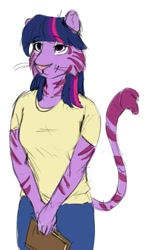 Size: 394x664 | Tagged: safe, artist:anticular, character:twilight sparkle, species:anthro, big cat, book, clothing, context in source, ear fluff, female, furry, inside joke, lidded eyes, shirt, simple background, smiling, solo, species swap, tiger, twiger, white background
