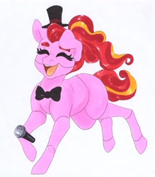 Size: 2539x2905 | Tagged: safe, artist:frozensoulpony, oc, oc:cranberry pie, parent:party favor, parent:pinkie pie, parents:partypie, species:earth pony, species:pony, inktober, bow tie, clothing, female, five nights at freddy's, hat, inktober 2019, mare, microphone, offspring, simple background, solo, top hat, white background