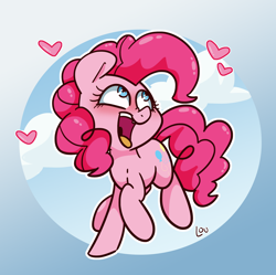 Size: 1500x1496 | Tagged: safe, artist:lou, character:pinkie pie, species:earth pony, species:pony, abstract background, blushing, cloud, cute, diapinkes, female, heart, mare, open mouth, smiling, solo, tongue out