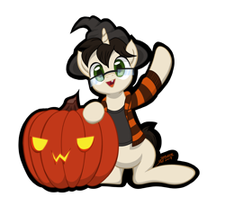 Size: 3600x3300 | Tagged: safe, artist:template93, oc, oc:template, species:pony, species:unicorn, carving, clothing, cute, glasses, hat, jacket, male, nightmare night, pumpkin, sharp teeth, shirt, sitting, smiling, solo, teeth, waving, witch hat