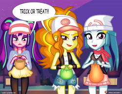 Size: 4000x3090 | Tagged: safe, artist:dieart77, character:adagio dazzle, character:aria blaze, character:sonata dusk, my little pony:equestria girls, clothing, costume, crossover, dialogue, digital art, female, halloween, halloween costume, holiday, pokémon, smiling, the dazzlings, trick or treat