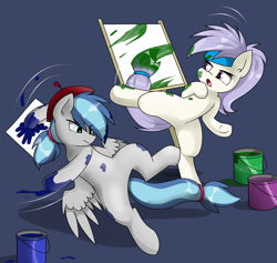 Size: 2968x2808 | Tagged: safe, artist:pencil bolt, oc, oc:artstina, oc:dusty color, species:earth pony, species:pegasus, species:pony, beret, bucket, clothing, color, color bucket, dustina, female, fighting stance, hat, headband, male, mare, painting, stallion, wings