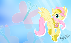 Size: 1000x600 | Tagged: safe, artist:equestria-prevails, artist:ponychaos13, edit, character:fluttershy, armor, element of kindness, vector, wallpaper, wallpaper edit