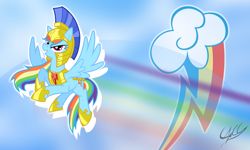 Size: 1000x600 | Tagged: safe, artist:equestria-prevails, artist:ponychaos13, edit, character:rainbow dash, species:pegasus, species:pony, armor, element of loyalty, vector, wallpaper, wallpaper edit