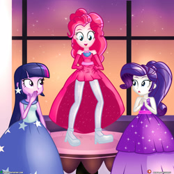 Size: 4000x4000 | Tagged: safe, artist:dieart77, character:pinkie pie, character:rarity, character:twilight sparkle, my little pony:equestria girls, clothing, commission, dancing, dress, open mouth, skirt lift