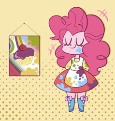 Size: 1359x1429 | Tagged: safe, artist:typhwosion, character:pinkie pie, my little pony:equestria girls, canvas, cupcake, cute, diapinkes, eyes closed, female, food, hands behind back, paint, painting, solo