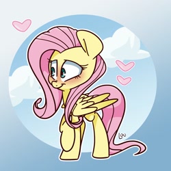 Size: 1500x1500 | Tagged: safe, artist:lou, character:fluttershy, species:pegasus, species:pony, blushing, cloud, cute, female, heart, looking away, mare, outline, raised hoof, shyabetes, sky, solo, spread wings, three quarter view, white outline, wings