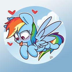 Size: 1500x1500 | Tagged: safe, artist:lou, character:rainbow dash, species:pegasus, species:pony, blushing, cloud, cute, dashabetes, eye clipping through hair, female, heart, mare, solo, tongue out