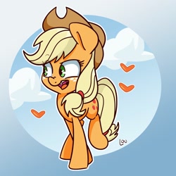 Size: 1500x1500 | Tagged: safe, artist:lou, character:applejack, species:earth pony, species:pony, abstract background, cloud, cute, female, heart, jackabetes, mare, open mouth, sky, solo