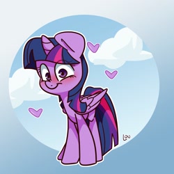 Size: 1500x1500 | Tagged: safe, artist:lou, character:twilight sparkle, character:twilight sparkle (alicorn), species:alicorn, species:pony, abstract background, blushing, cloud, cute, eye clipping through hair, female, heart, mare, sky, solo, twiabetes