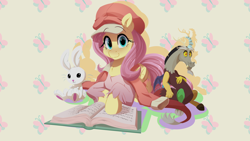 Size: 4444x2500 | Tagged: safe, artist:light262, character:angel bunny, character:discord, character:fluttershy, species:pegasus, species:pony, g4, bakemonogatari, book, clothing, commission, cute, female, hat, high res, looking at you, mare, otakushy, plushie, prone, shyabetes