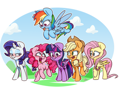 Size: 1841x1349 | Tagged: safe, artist:lou, character:applejack, character:fluttershy, character:pinkie pie, character:rainbow dash, character:rarity, character:twilight sparkle, character:twilight sparkle (alicorn), species:alicorn, species:earth pony, species:pegasus, species:pony, species:unicorn, blep, blushing, cloud, end of ponies, female, flying, group, mane six, mare, open mouth, signature, sky, tongue out