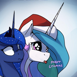 Size: 1200x1199 | Tagged: safe, artist:anticular, edit, character:princess celestia, character:princess luna, species:alicorn, species:pony, ask sunshine and moonbeams, g4, :t, angry, blep, christmas, clothing, comic, confused, cropped, cute, cutelestia, derp, derplestia, dilated pupils, duo, eye shimmer, female, frown, hat, holiday, it chrismas, lidded eyes, luna is not amused, majestic as fuck, mare, nose wrinkle, raspberry, royal sisters, santa hat, scrunchy face, shrunken pupils, sillestia, silly, text, this will end in pain, tongue out, unamused, wide eyes