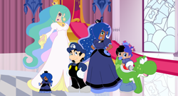 Size: 11000x6000 | Tagged: safe, artist:evilfrenzy, artist:tamalesyatole, character:princess celestia, character:princess luna, oc, oc:cruithne, oc:frenzy, oc:leeloo, parent:oc:frenzy, parent:princess luna, parents:canon x oc, parents:fruna, species:human, baby, canterlot castle, crossover, fruna, heterochromia, humanized, humanized oc, offspring, pacifier, paper mario, show accurate, style emulation, super mario bros., yoshi, younger
