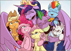 Size: 1773x1275 | Tagged: safe, artist:saturdaymorningproj, character:applejack, character:fluttershy, character:pinkie pie, character:rainbow dash, character:rarity, character:spike, character:twilight sparkle, character:twilight sparkle (alicorn), species:alicorn, species:dragon, species:earth pony, species:pegasus, species:pony, species:unicorn, episode:the last problem, g4, my little pony: friendship is magic, end of ponies, gigachad spike, group hug, hug, mane seven, mane six, older, older applejack, older fluttershy, older mane seven, older mane six, older pinkie pie, older rainbow dash, older rarity, older spike, older twilight, princess twilight 2.0, skunk stripe
