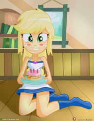 Size: 3090x4000 | Tagged: safe, artist:dieart77, character:applejack, species:human, my little pony:equestria girls, birthday, birthday cake, blushing, cake, cute, female, food, jackabetes, kneeling, looking at you, patreon, patreon logo, solo