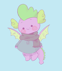 Size: 638x729 | Tagged: safe, artist:typhwosion, character:spike, species:dragon, blue background, clothing, cute, dot eyes, male, scarf, simple background, solo, spikabetes, sweater, winged spike