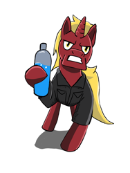 Size: 1536x2048 | Tagged: safe, artist:samoht-lion, oc, oc only, oc:firebrand, species:pony, species:unicorn, angry, bottle, clothing, gritted teeth, hoof hold, horn, male, simple background, solo, stallion, unicorn oc, white background