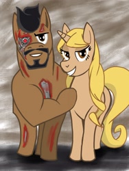 Size: 1536x2048 | Tagged: safe, artist:samoht-lion, species:pony, species:unicorn, abstract background, beard, blood, duo, facial hair, female, mare, ponified, robot, smiling, t-800, tara strong, terminator, tetsuo