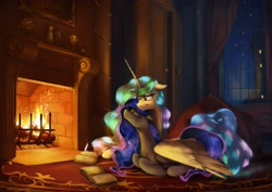Size: 4096x2896 | Tagged: safe, artist:anticular, character:princess celestia, character:princess luna, species:alicorn, species:pony, duo, eyes closed, female, fireplace, mare, missing accessory, neck nuzzle, night, ponyloaf, prone, redraw, royal sisters, siblings, sisterly love, sisters, trophy, wing blanket